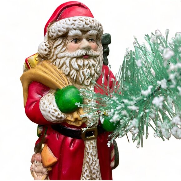Vintage Santa Claus Figurine Holding Christmas Tree In Festive Red & White Coat - Picture 4 of 7